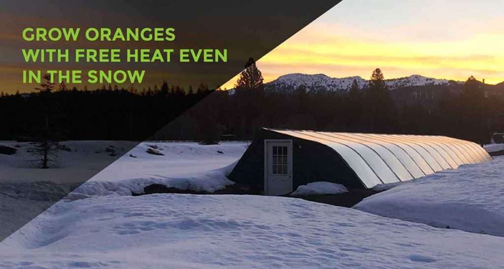 Geothermal greenhouse standing resilient under a blanket of snow, a testament to sustainable agriculture in extreme conditions.