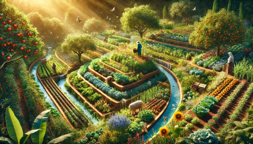 A lush permaculture farm with diverse crops, fruit trees, and a water conservation system. The vibrant food forest showcases biodiversity, with bees, butterflies, and birds contributing to a thriving ecosystem.