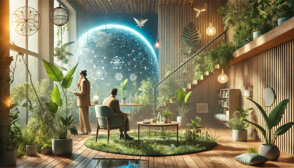 A serene, natural environment reflecting the permaculture approach to building a career as a licensed psychologist. The image features a psychologist consulting with a client in a calming space, with wooden furniture, natural light, and greenery conveying balance and sustainability.