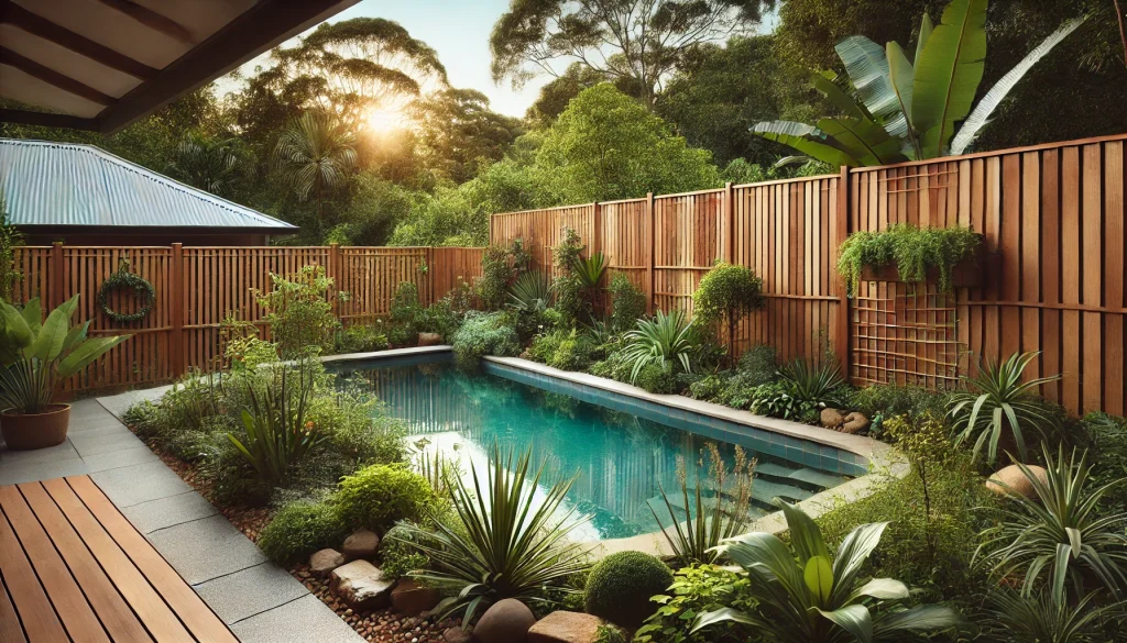 A serene outdoor scene in Brisbane showcasing a natural timber pool fence integrated into a lush permaculture garden, featuring eco-friendly fencing made from sustainably sourced timber, blending seamlessly into the landscape.
