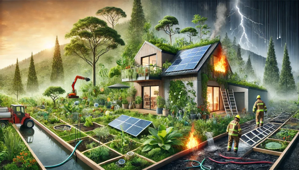A sustainable home surrounded by nature, featuring permaculture elements such as solar panels, rainwater harvesting, and green vegetation, with subtle imagery of fire damage restoration using eco-friendly materials and tools.