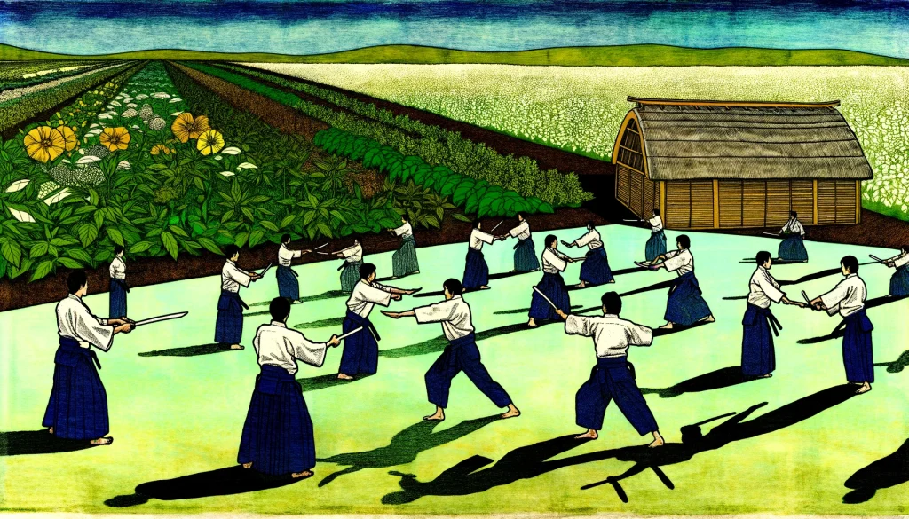 n the style of a woodcut, this image depicts the unity of permaculture and Aikido in a peaceful landscape, highlighting the principles of sustainability and balance.
