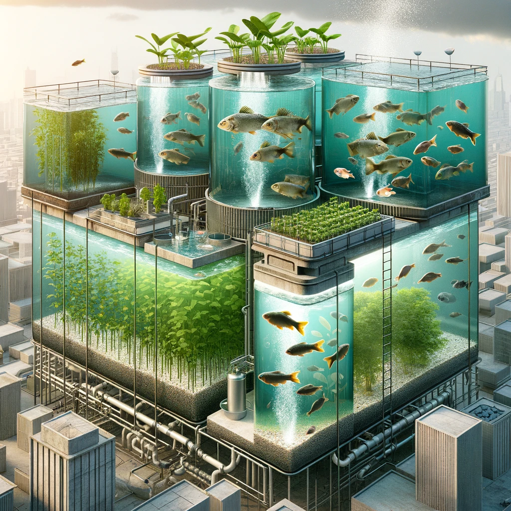 This image depicts a thriving aquaculture system within an urban permaculture laboratory. It shows fish tanks seamlessly integrated with plant-growing systems, set against a city backdrop.