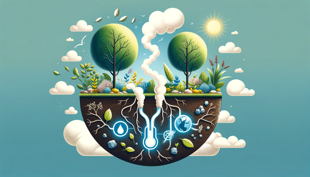 Illustration depicting carbon absorption by plants and soil, highlighting the natural process of carbon sequestration and its impact on reducing greenhouse gas emissions.