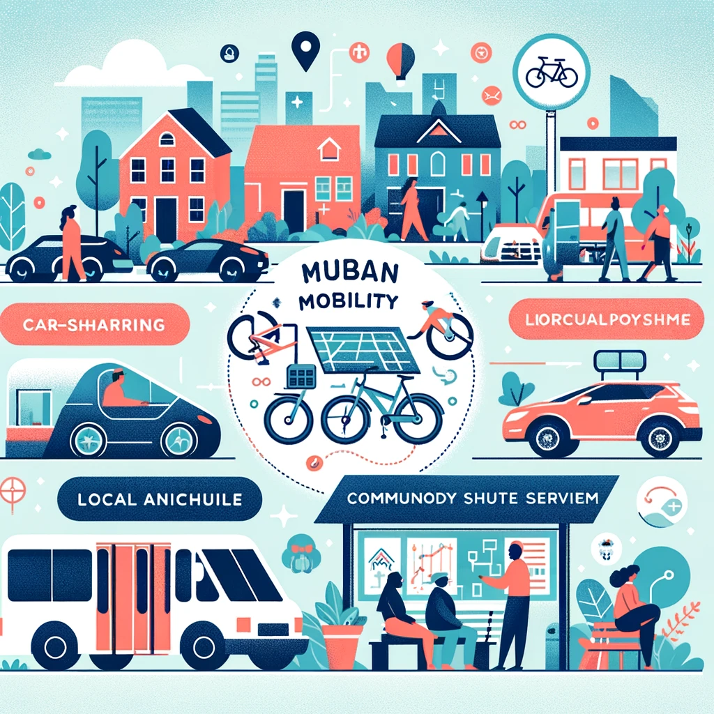 Illustration of a community-centered urban mobility concept, showing a neighborhood with local car-sharing, shuttle services, and community bike programs, emphasizing sustainable and community-oriented transportation.