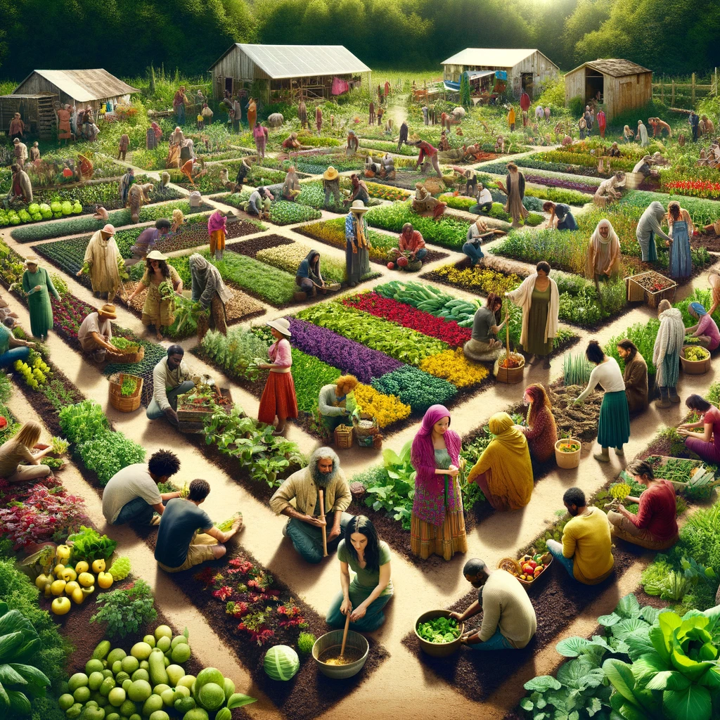 Photograph of a community project showing diverse people engaged in permaculture and agroecology practices in a vibrant garden.