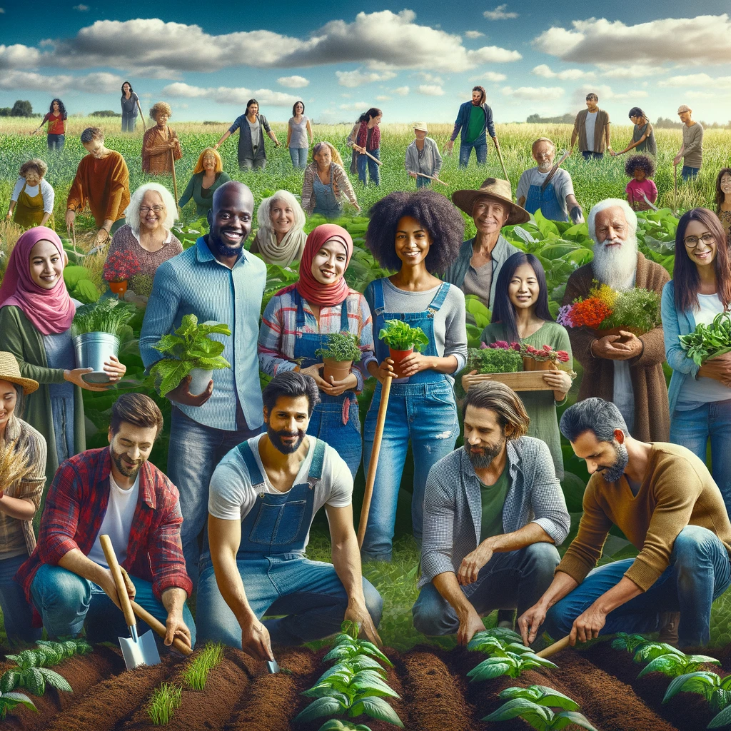 Diverse group of people working together in a field, symbolizing the collaboration between permaculture and agroecology.