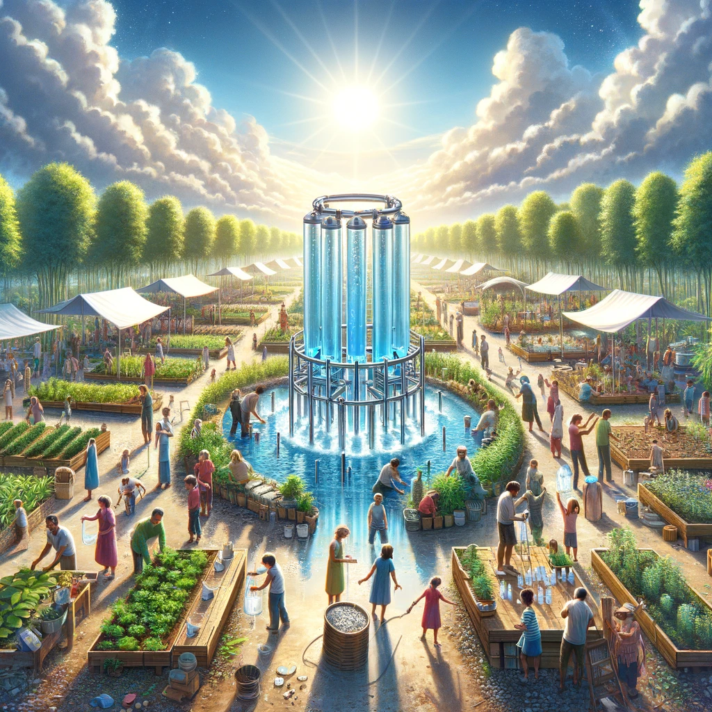 Vibrant community garden scene under a clear sky, where people gather around an innovative water purification system powered by bamboo charcoal, emphasizing unity and sustainable water access.