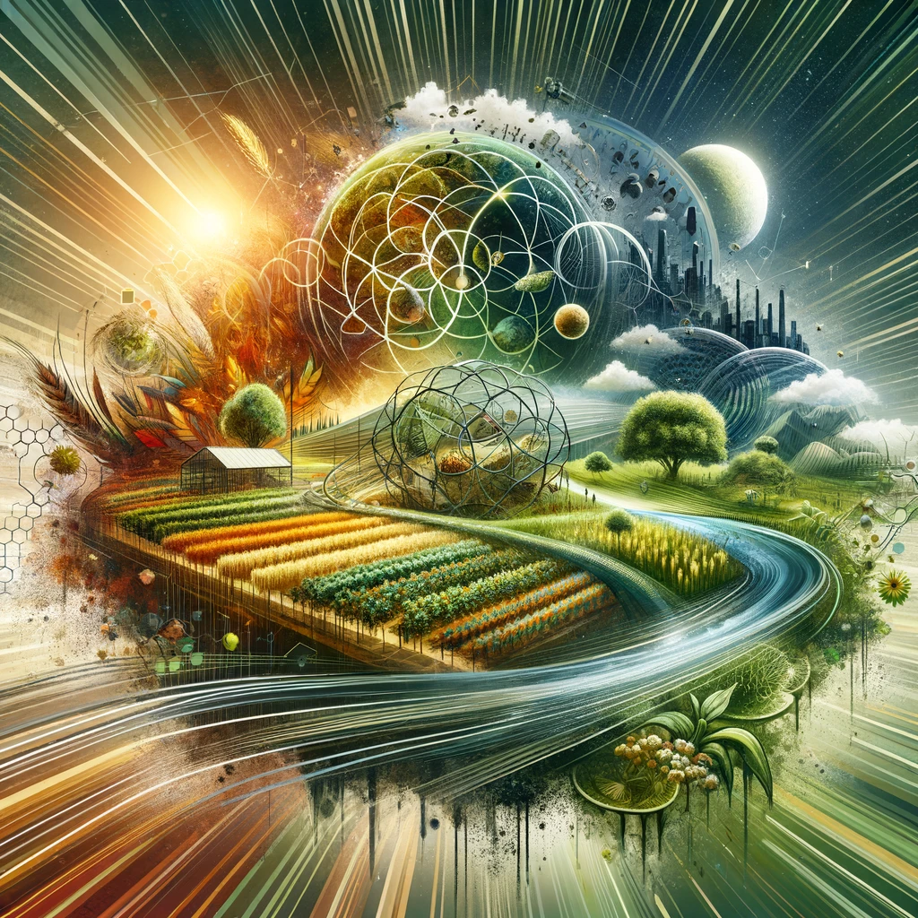 A dynamic depiction of a harmonious blend of permaculture practices, ecological diversity, and biomimicry innovations, illustrating the combined impact of these fields in fostering a sustainable and regenerative future.