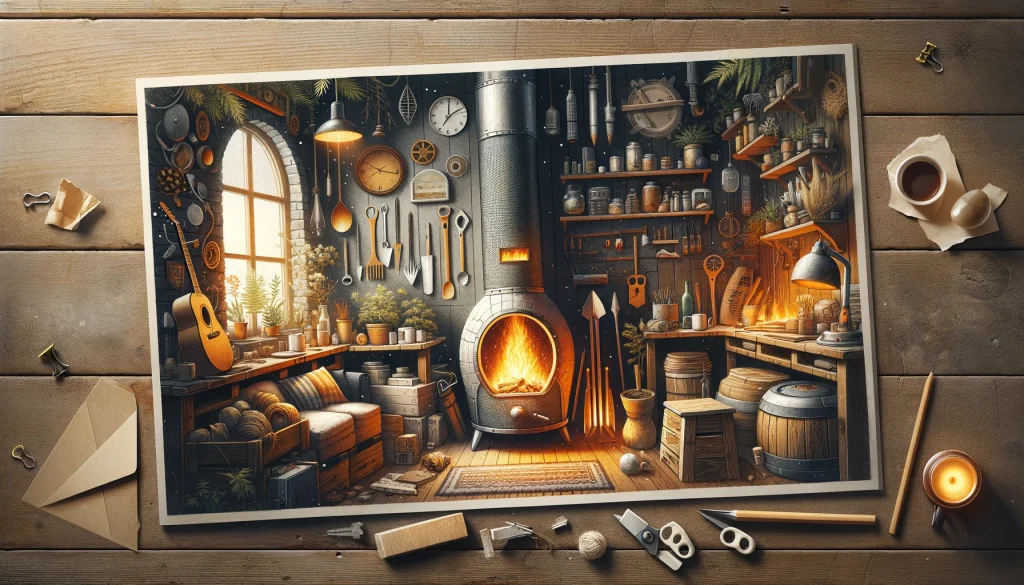Image depicting a cozy, eco-friendly home interior warmed by a DIY rocket mass heater, emphasizing sustainability and the DIY spirit.