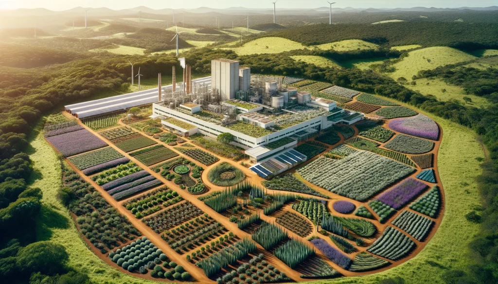 Aerial perspective of eco-friendly cosmetics production amidst lush, sustainable gardens.