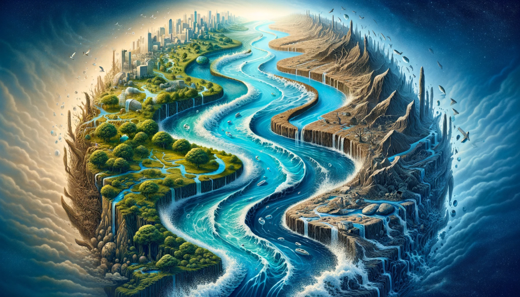 "The Global Water Overture" vividly illustrates the transformative journey of water in a world facing ecological challenges. It showcases once vibrant and life-filled rivers now shrouded in the gloom of pollution, highlighting the stark contrast between the former clarity and current contamination. The cover art captures water's path through natural landscapes and human-altered areas, emphasizing the urgent need for environmental action and the vital role of preserving waterways for their intrinsic beauty and their critical importance in sustaining life.