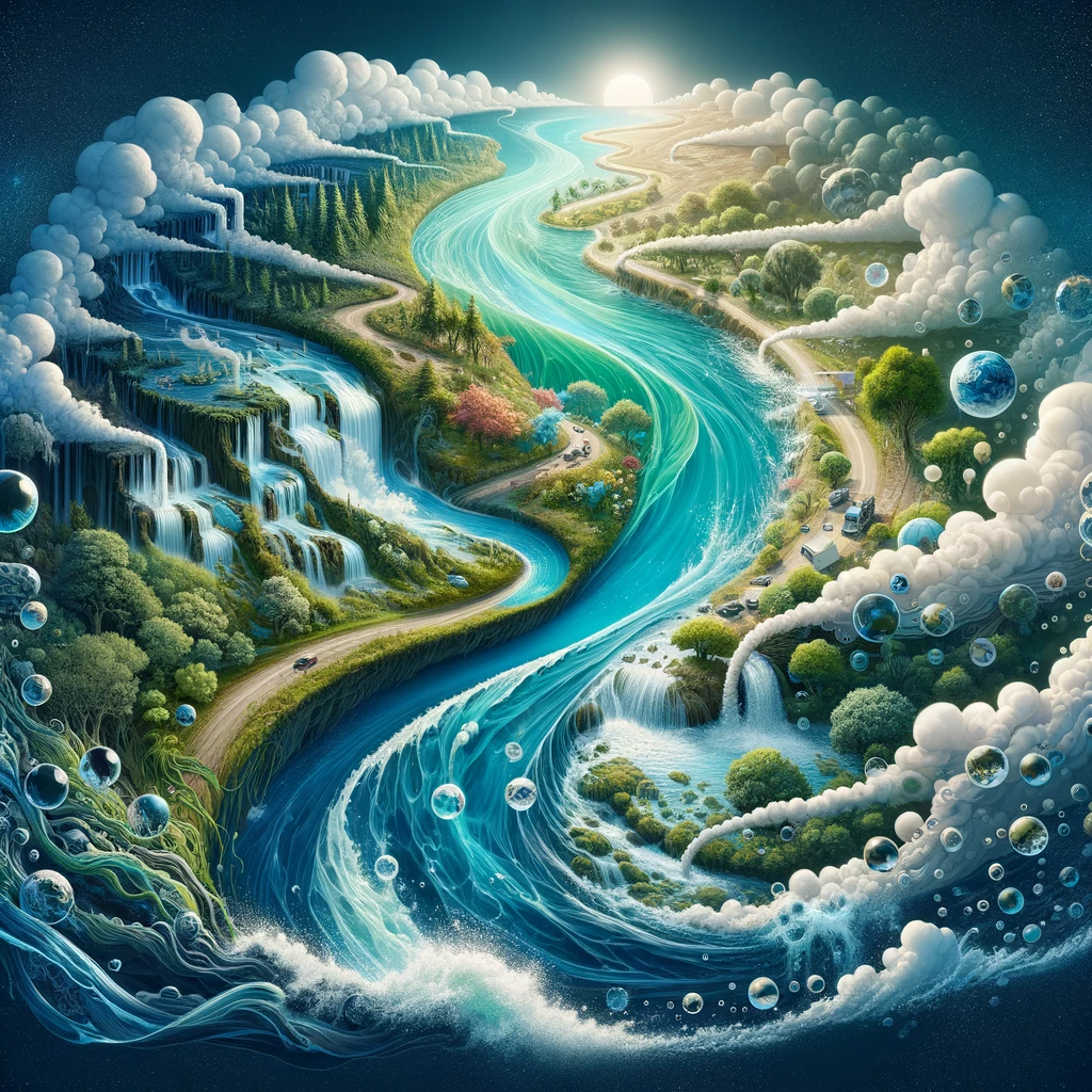 The Global Water Overture, powerfully depicts the journey of water through a world facing environmental challenges. It showcases rivers, once vibrant and teeming with life, now obscured by the shadows of pollution. The contrast between the once-clear, lively waters and their current state, tainted with contamination, is strikingly portrayed. The image captures the essence of water weaving through both natural landscapes and areas altered by human activities, underscoring the stark reality of the global water crisis and the urgent need for preserving the purity and vitality of our waterways.