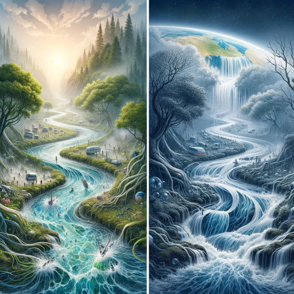 The image, titled 'The Global Water Overture', powerfully depicts the journey of water through a world facing environmental challenges. It showcases rivers, once vibrant and teeming with life, now obscured by the shadows of pollution. The contrast between the once-clear, lively waters and their current state, tainted with contamination, is strikingly portrayed. The image captures the essence of water weaving through both natural landscapes and areas altered by human activities, underscoring the stark reality of the global water crisis and the urgent need for preserving the purity and vitality of our waterways.