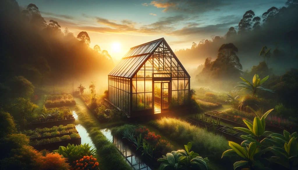 Sunrise over a new greenhouse, symbolizing new beginnings and growth.