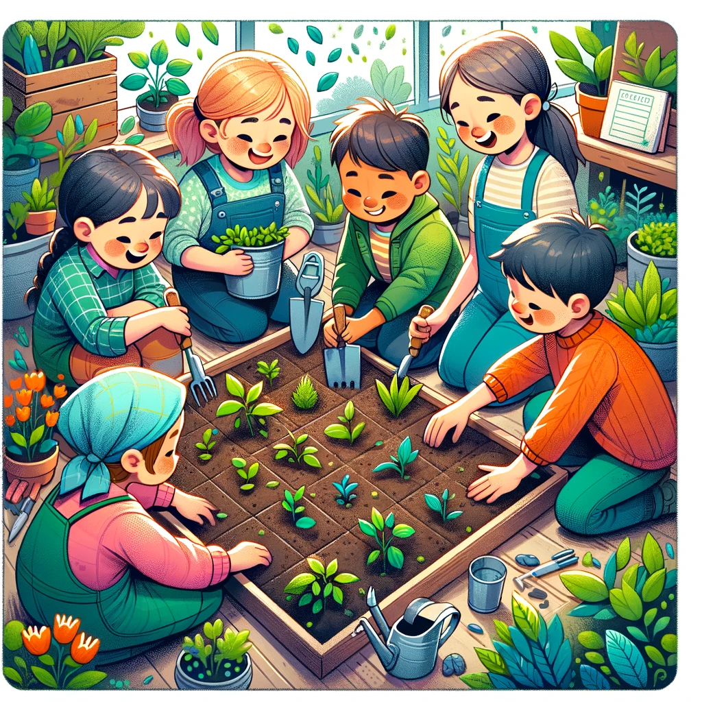 Happy children engaged in planting seeds in a vibrant school garden, showcasing the joy and discovery found in learning about gardening and connecting with nature.