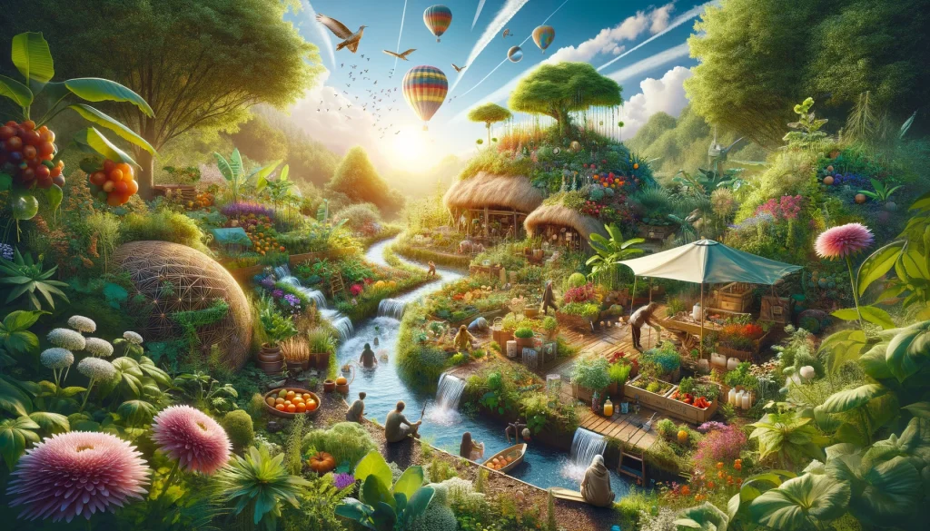 Permaculture and survival strategies: a community practicing water conservation and sustainable living in a lush garden.