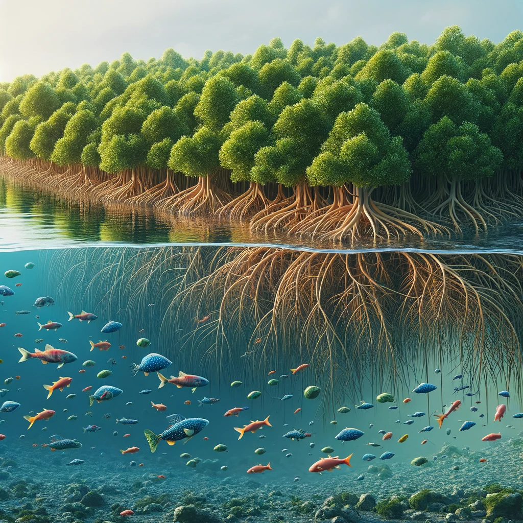 A vibrant depiction of a mangrove ecosystem where the intricate roots create a sanctuary for fish, showcasing how permaculture emulates these natural edge environments for increased productivity and biodiversity.