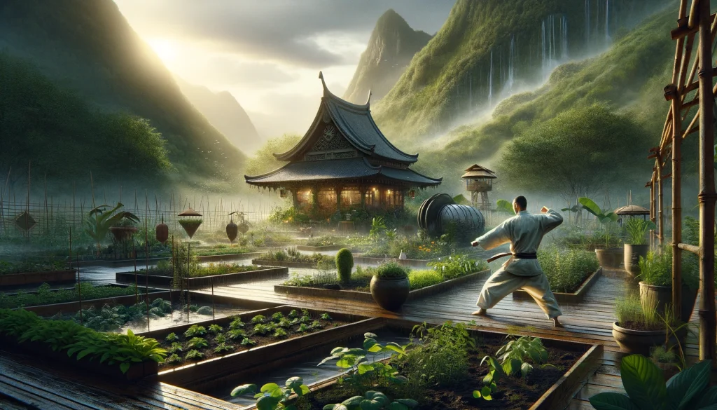 A martial artist practices in a lush permaculture garden, embodying balance and adaptation, with a backdrop of sustainable living practices.
