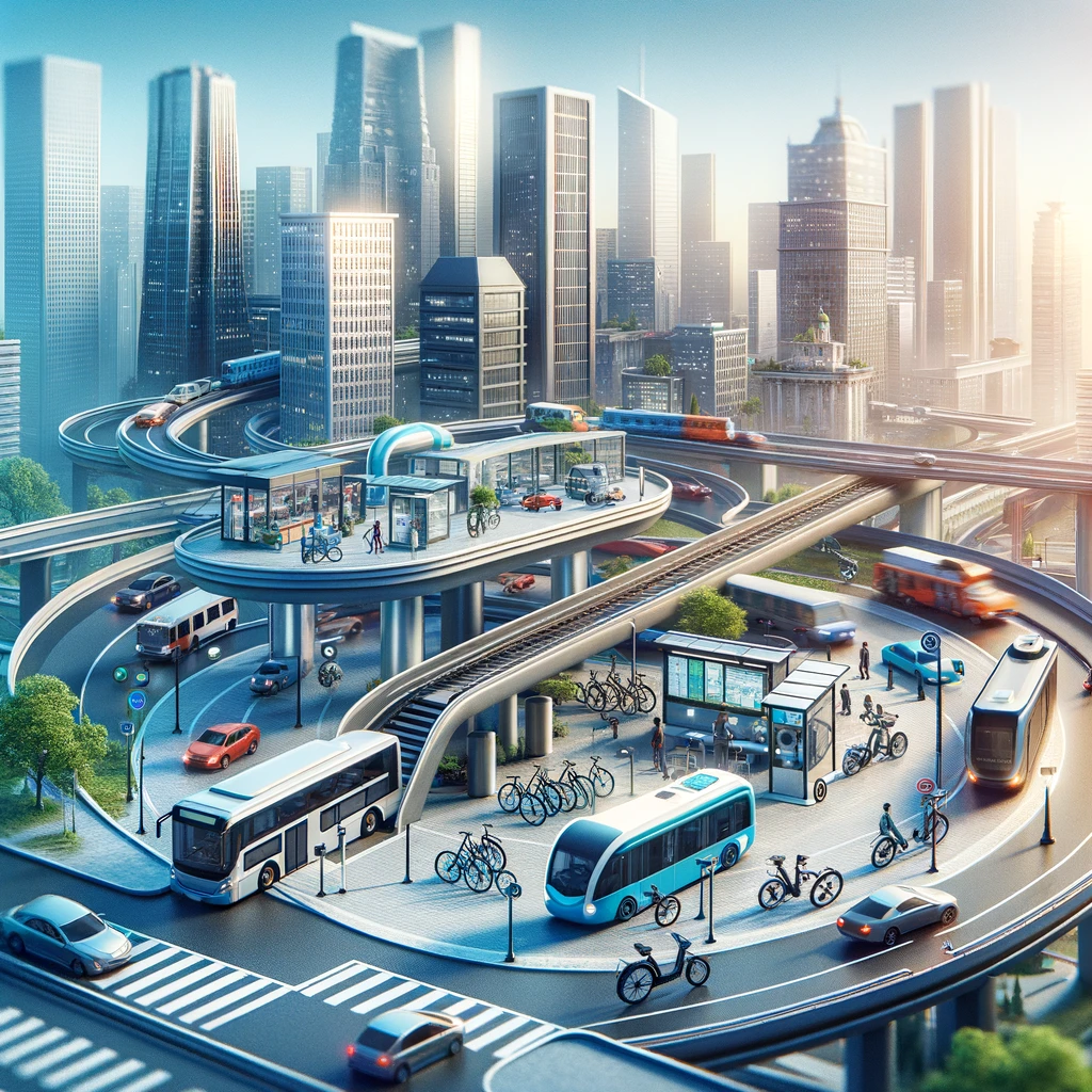 Image depicting a variety of transportation options in an urban setting, including public transit like buses and subways, shared mobility services like bike-sharing, and personal vehicles such as electric cars and bicycles, showcasing the diversity in sustainable urban transportation.