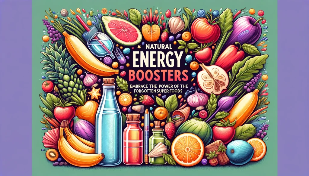 A vibrant rectangular cover featuring fruits, vegetables, and essential oils against a backdrop symbolizing natural vitality and wellness, designed for an article on natural energy boosting methods.