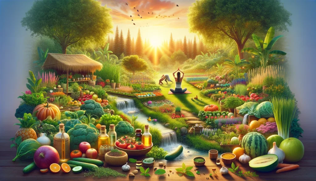 Serene permaculture garden at sunrise, embodying a healthy lifestyle with yoga, organic plants, essential oils, and herbs, symbolizing holistic wellness.