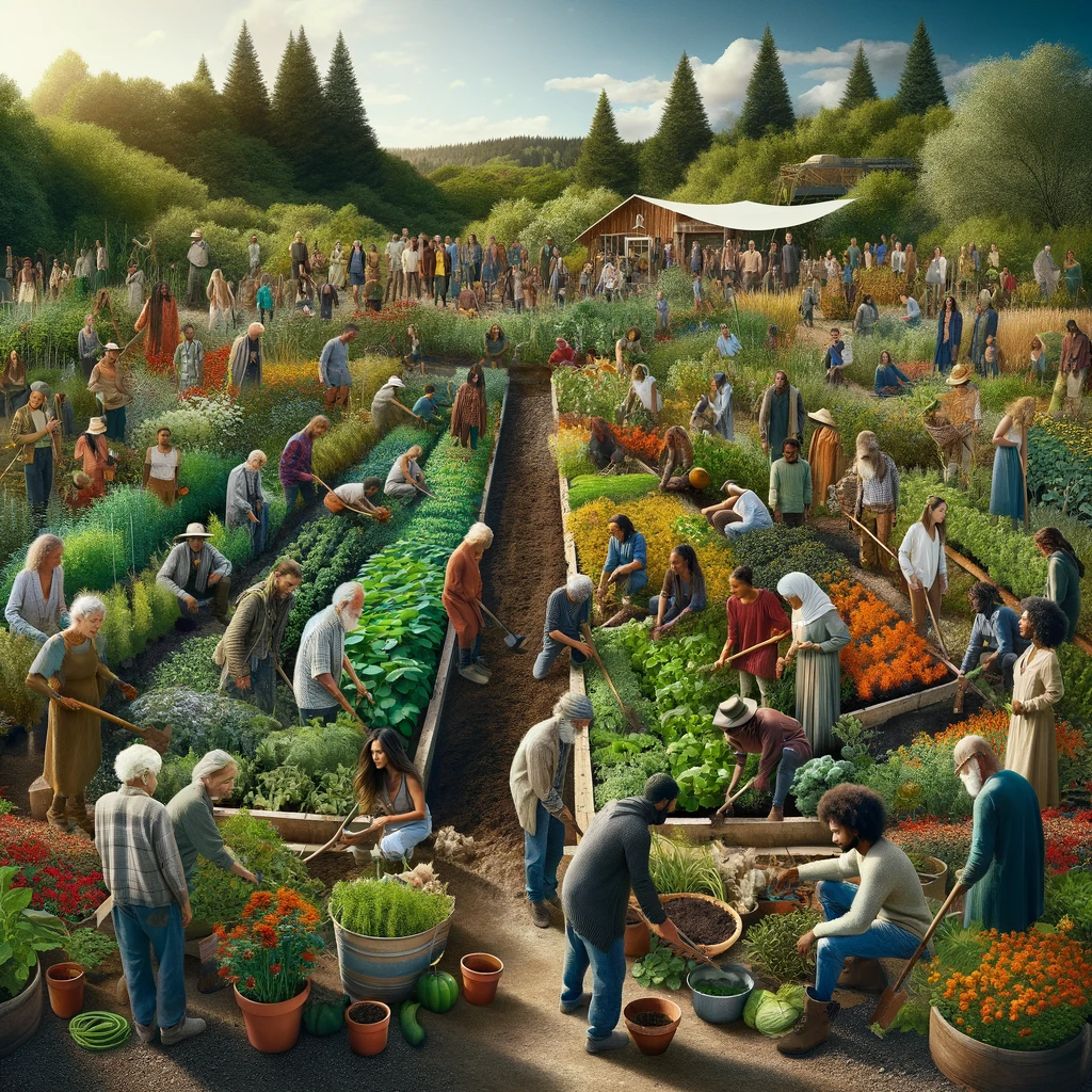 Photograph of a community project showing diverse people engaged in permaculture and agroecology practices in a vibrant garden.
