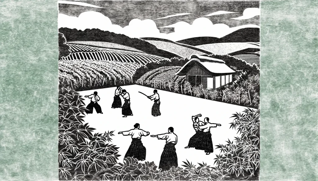 A traditional woodcut style image showcasing a seamless blend of a permaculture garden and an Aikido dojo, emphasizing harmony with nature and efficient movement.