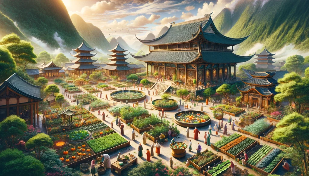 Concept art of a sustainable community blending permaculture gardens with traditional Confucian architecture, embodying harmony and ethical living.