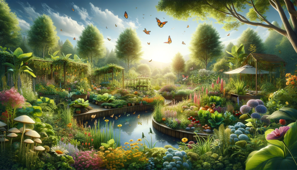 Lush and abundant permaculture garden scene, filled with a variety of flora, buzzing bees, fluttering butterflies, and a clear pond, showcasing the beauty and vibrancy of sustainable gardening.