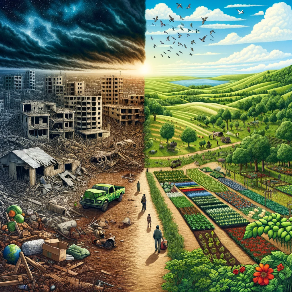 Integration of permaculture principles within a war-torn landscape, illustrating hope and resilience through sustainable agriculture.