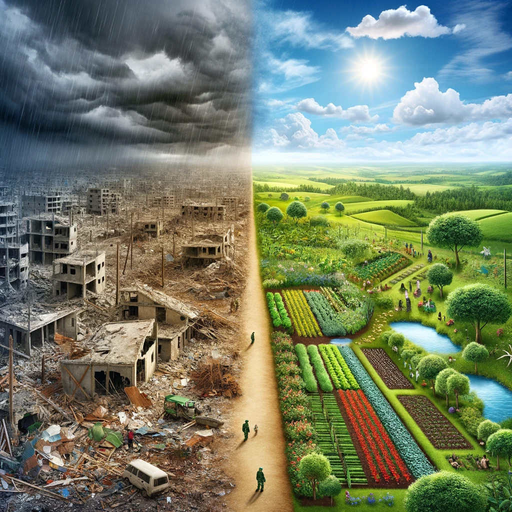 Image of permaculture principles within a war-torn landscape, illustrating hope and resilience through sustainable agriculture.