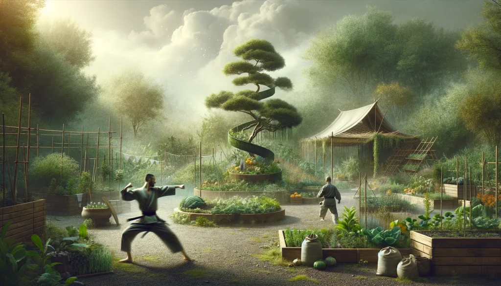 The seamless integration of martial arts and permaculture principles, featuring a practitioner amid a diverse ecosystem, highlighting environmental stewardship.
