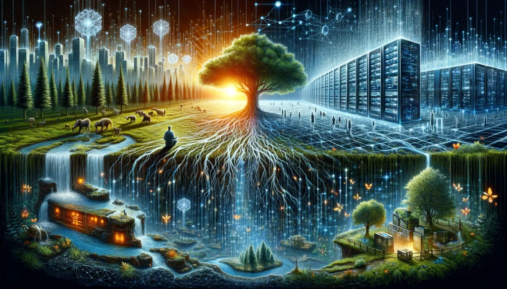 Artwork depicting the integration of permaculture principles with cybersecurity, featuring a digital landscape merging with a diverse natural ecosystem, highlighting themes of biodiversity, resilience, and sustainable security solutions.