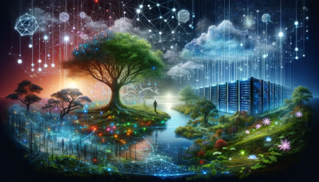 Conceptual artwork depicting the integration of permaculture principles with cybersecurity, featuring a digital landscape merging with a diverse natural ecosystem, highlighting themes of biodiversity, resilience, and sustainable security solutions.