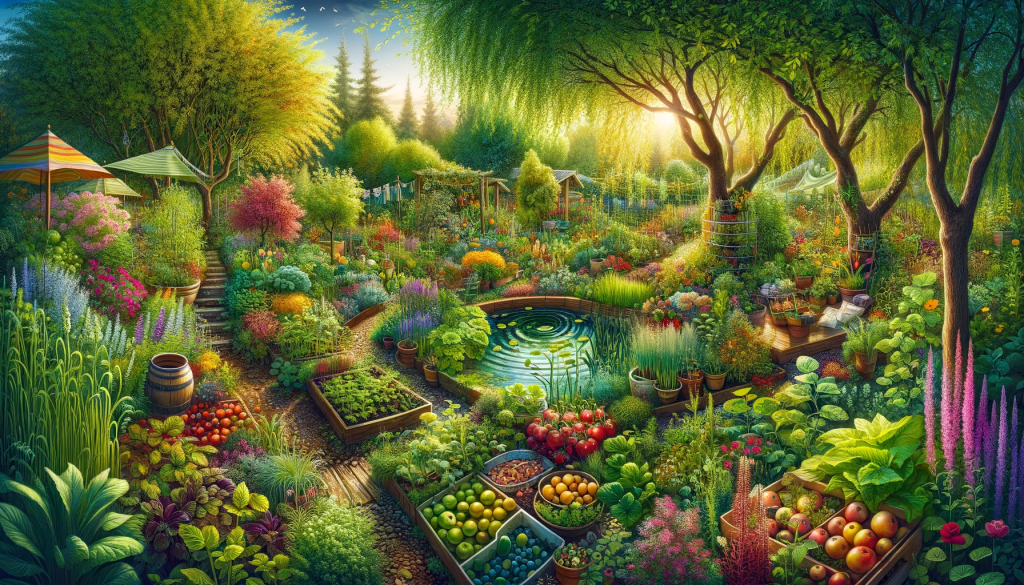 Thriving permaculture garden featuring biodiversity and natural water conservation methods.