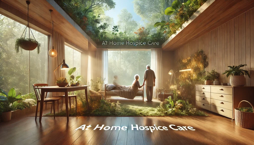 A peaceful home setting embodying permaculture principles in at-home hospice care. The room features natural light, integrated plants, warm wooden furniture, and family members offering emotional support, reflecting harmony between human care and nature.
