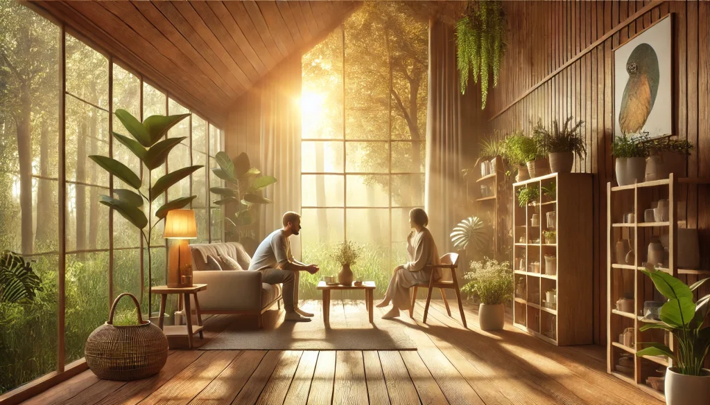 A serene, natural setting reflecting the permaculture approach to therapy and building healthy relationships, featuring a calm room with a therapist and client engaged in conversation, surrounded by plants, natural light, and wooden furniture.
