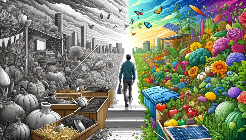 Illustration of a person stepping from a grayscale urban environment into a vibrant permaculture garden, marking the transition to a sustainable lifestyle with composting, rainwater collection, and solar energy.