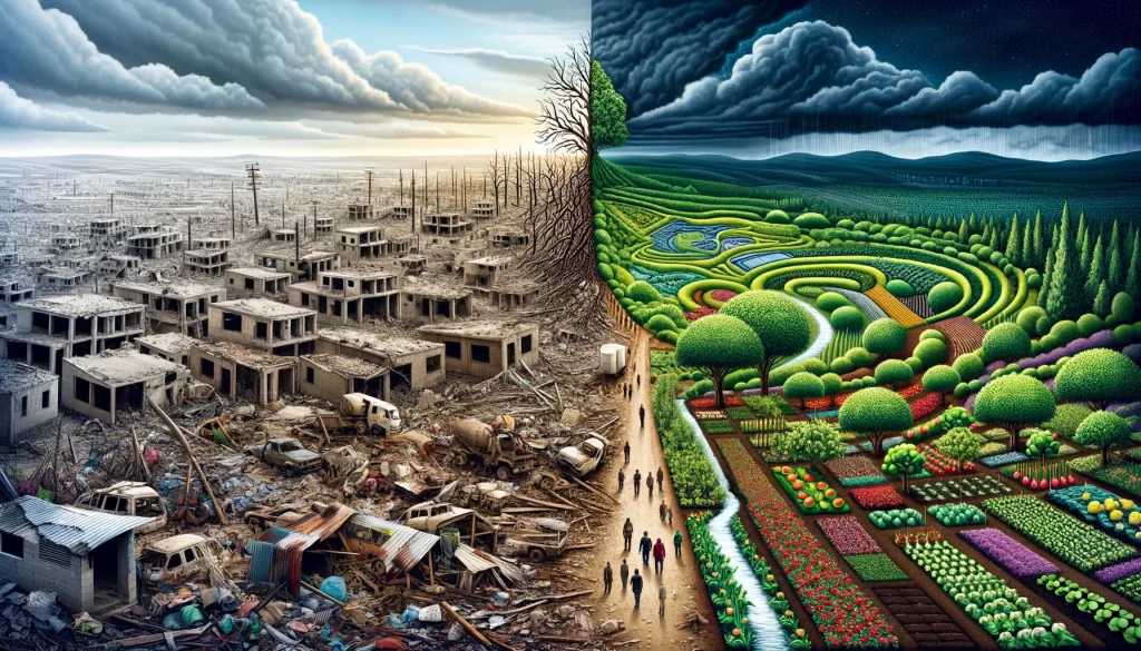 Image depicting the transformative journey from war-induced desolation to a vibrant, permaculture-rejuvenated landscape, symbolizing hope and resilience through sustainable agriculture.