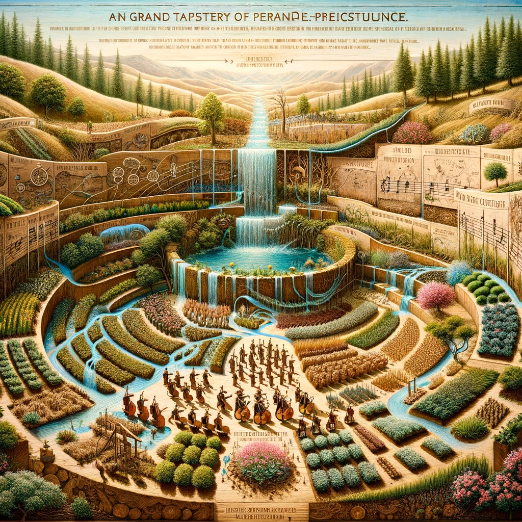 The image illustrates the essence of water conservation in permaculture. It showcases a landscape where water is treasured, each drop a vital part of an ecological symphony. Drought-resistant plants sway in harmony with the wind, embodying efficient water usage. The soil is covered with a layer of mulch, acting as a natural moisture insulator and nurturing resilience. This visual captures the seamless blend of foresight and functionality in permaculture, highlighting water's revered status and minimal waste.