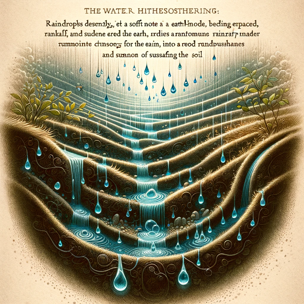 The image vividly captures the essence of water harvesting in permaculture. It shows raindrops gently descending from the sky, each droplet a melodious note in nature's symphony. The earth, sculpted into sinuous swales, cradles these droplets, guiding them through the landscape. This harmonious scene illustrates how rainwater is artfully captured, creating a rhythm that nourishes and replenishes the soil. The image embodies the principle of harmonious water management in permaculture, transforming runoff into a life-sustaining resource for the land.
