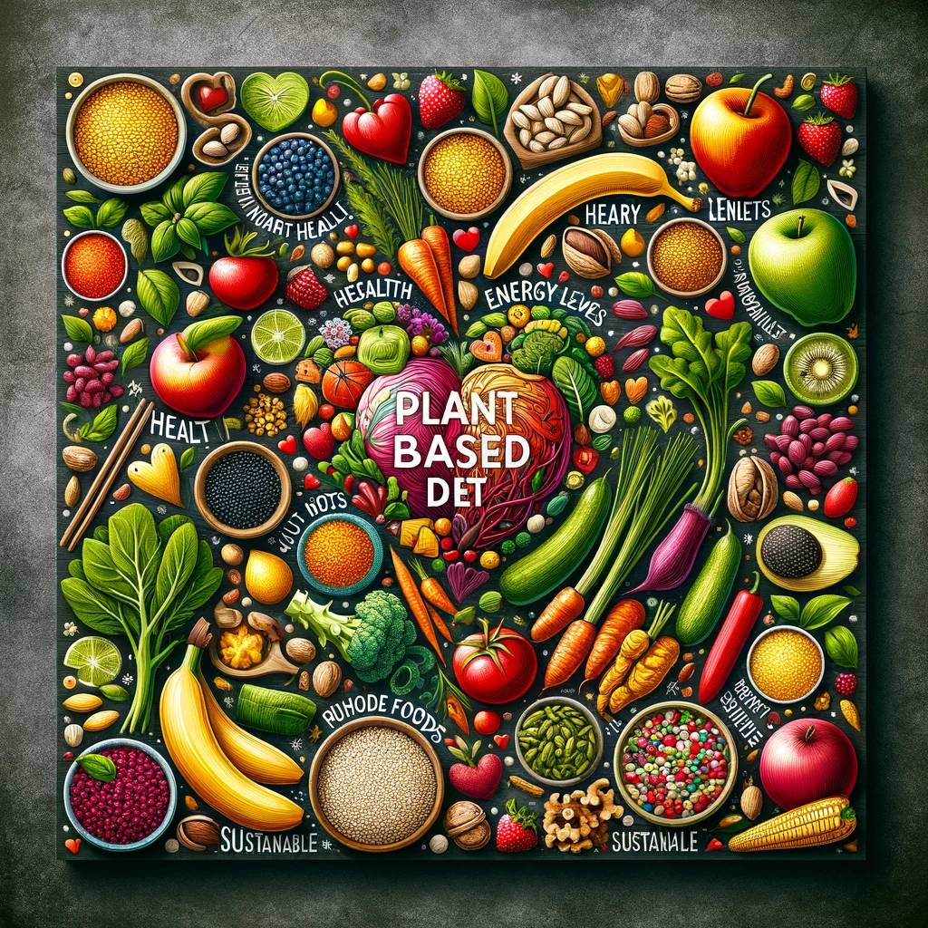 This image captures the essence of plant-based diets, showcasing a vibrant array of fruits, vegetables, grains, legumes, nuts, and seeds. It visually communicates the health benefits such as improved heart health and higher energy levels, alongside the environmental advantages of adopting a vegetarian or vegan lifestyle. The illustration highlights the importance of consuming minimally processed, toxin-free foods and supports the notion that plant-based eating is not only nutrient-rich but also fosters a sustainable and ethical way of living.