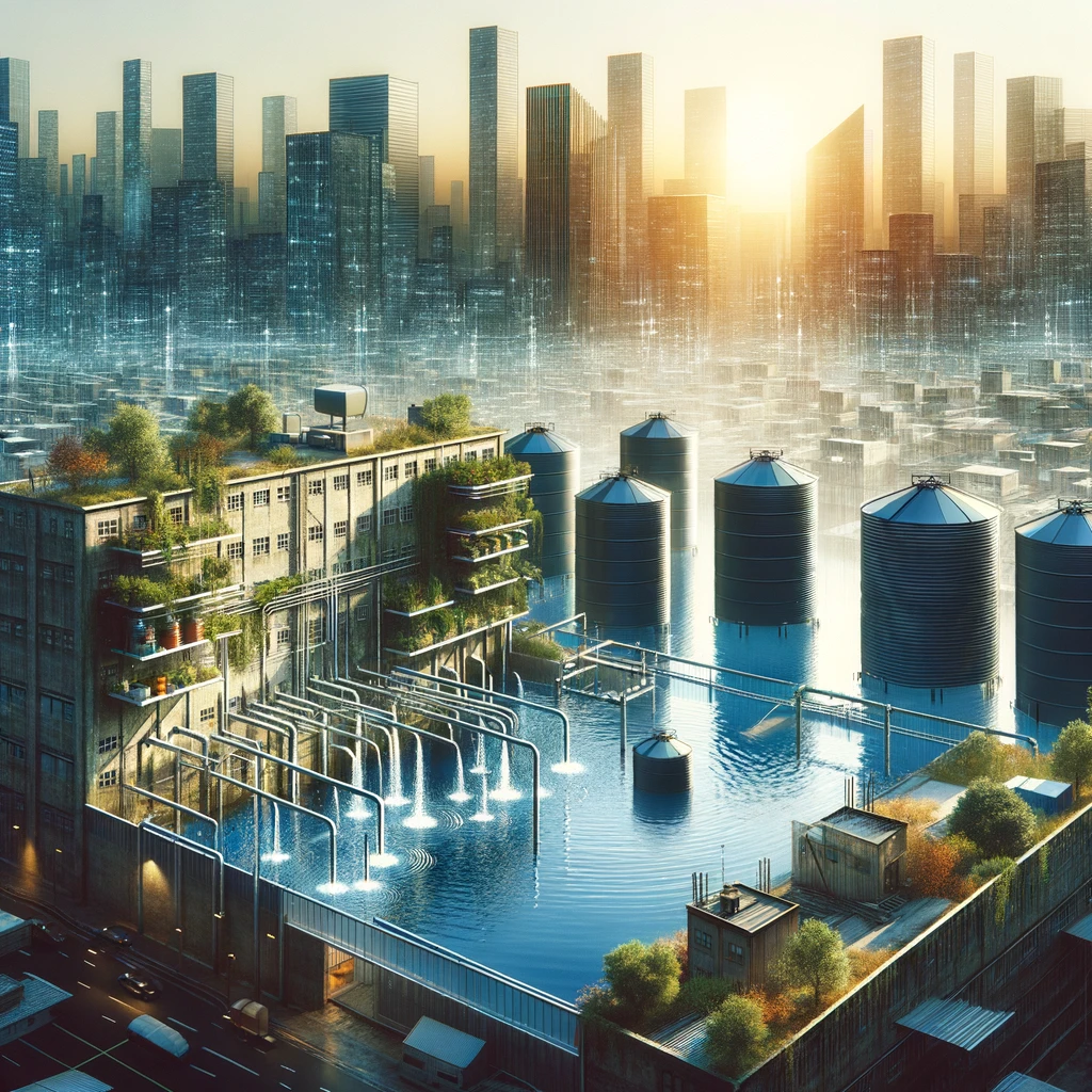 The image portrays a sophisticated rainwater harvesting system within an urban context. It features prominent cisterns that efficiently gather rainwater from nearby building rooftops. The urban setting is emphasized, showcasing how these cisterns integrate seamlessly into the cityscape. The system exemplifies a sustainable approach to water management, demonstrating how urban areas can effectively reduce dependence on municipal water sources by utilizing natural rainfall.