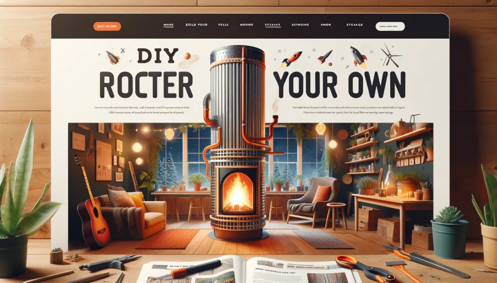 Web graphic featuring a DIY rocket mass heater in a cozy, sustainable living space, highlighting eco-friendly living and DIY empowerment with tools and natural materials.