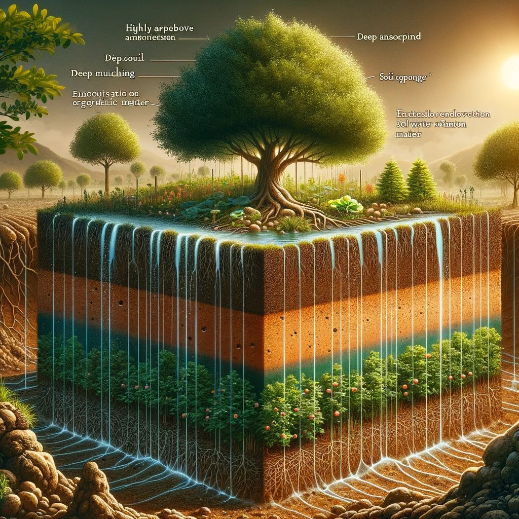 The image vividly illustrates the concept of 'soil sponge creation' in permaculture. It showcases an area of soil transformed into a highly absorbent 'soil sponge', capable of retaining water and nutrients effectively.
