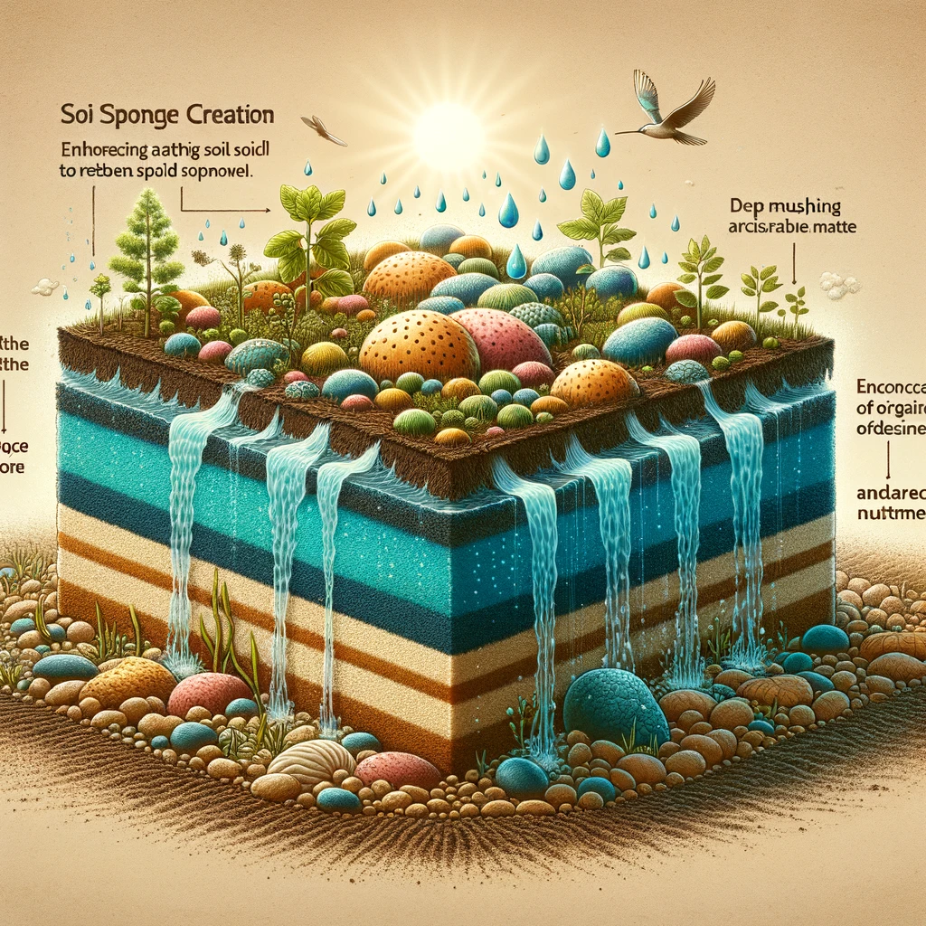 The image vividly illustrates the concept of 'soil sponge creation' in permaculture. It showcases an area of soil transformed into a highly absorbent 'soil sponge', capable of retaining water and nutrients effectively. Demonstrated are techniques like deep mulching and the addition of organic matter, which visibly enhance the soil's water retention capacity. The rich, fertile soil depicted is indicative of a healthy soil microbiome, exemplifying the successful application of permaculture techniques for sustainable land management and ecosystem health.