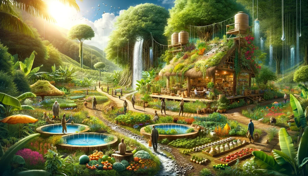 An ecosystem blending permaculture and survival strategies, featuring a community practicing water conservation and sustainable living in a lush garden.