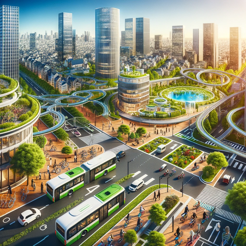 Image of a vibrant city with sustainable transportation options, including electric buses, shared bicycles, and pedestrian-friendly streets, blending modern architecture with green spaces.