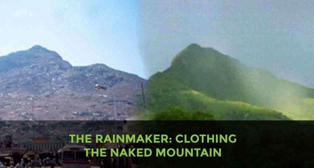 The image juxtaposes two contrasting views of Arunachala mountain in India. On the left, the mountain appears barren and devoid of vegetation, which is often referred to as 